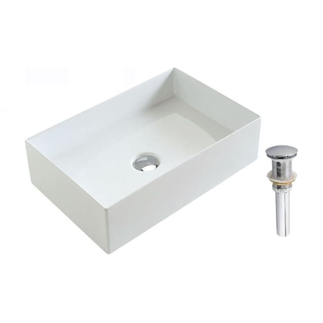 DROP Bath and Kitchen DR091337 Bathroom Vessel Sink Set with a rectangular white ceramic vessel sink featuring a glossy finish and a chrome drain, designed for above counter installation. The set includes one sink and one standard drain suitable for kitchen or bathroom use.