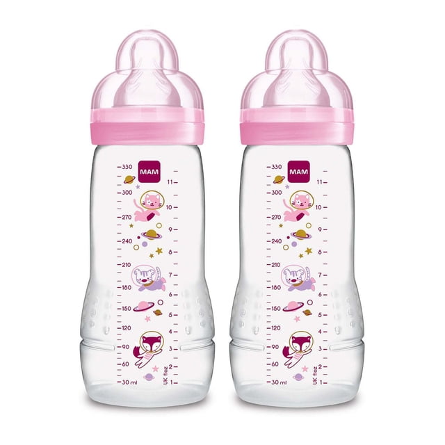 MAM Easy Active Bottle 11oz, 2 pack, Pink with two clear baby bottles featuring pink fast flow silicone nipples and caps, space-themed animal illustrations, and measurement markings up to 330 ml, ergonomically designed for easy grip and cleaning in baby feeding sets.