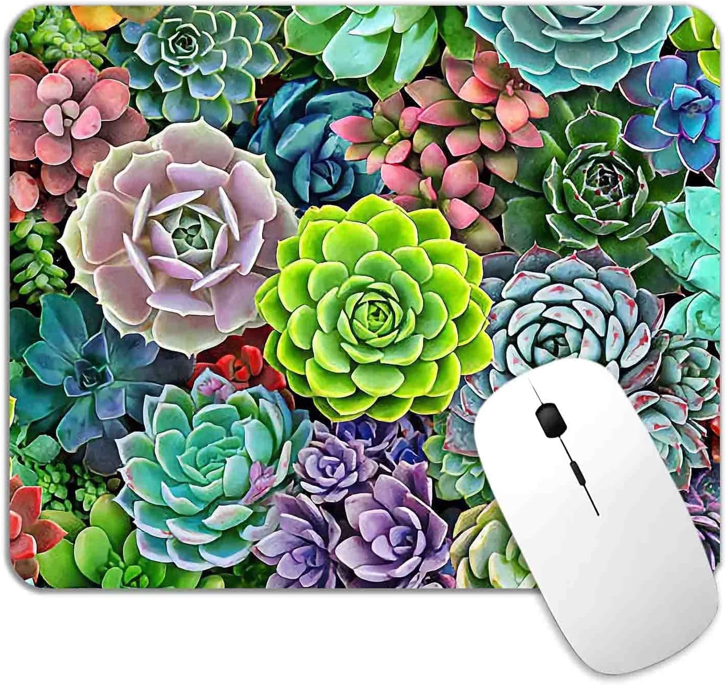 Mouse Pad Succulent Floral, Garden Green Plant Flower Premium-Textured Square Mouse Mat Design, Washable Mousepad Lycra Cloth, Non-Slip Rubber Base Computer Mouse Pads for Women
