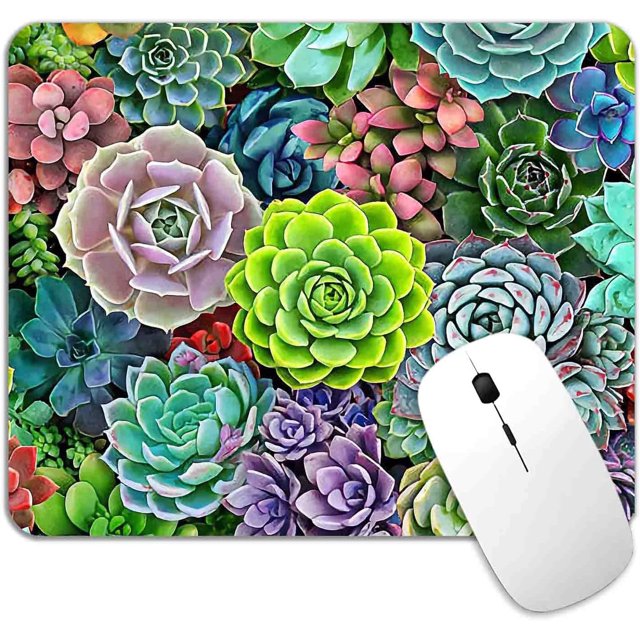 Mouse Pad Succulent Floral, Garden Green Plant Flower Premium-Textured Square Mouse Mat Design, Washable Mousepad Lycra Cloth, Non-Slip Rubber Base Computer Mouse Pads for Women