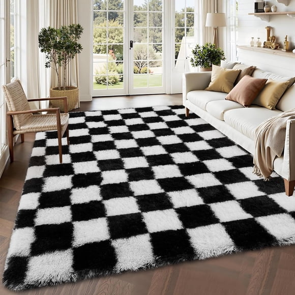 Black and White Checkered Area Rug 5x8ft – Soft Shaggy Plush Carpet with Non-Slip Backing – Rug for Living Room and Bedroom