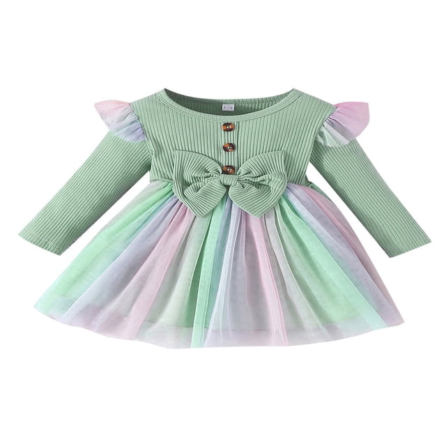 Robe de Fête pour Bébé Fille en Tulle à Volants Manches Longues Robe Princesse