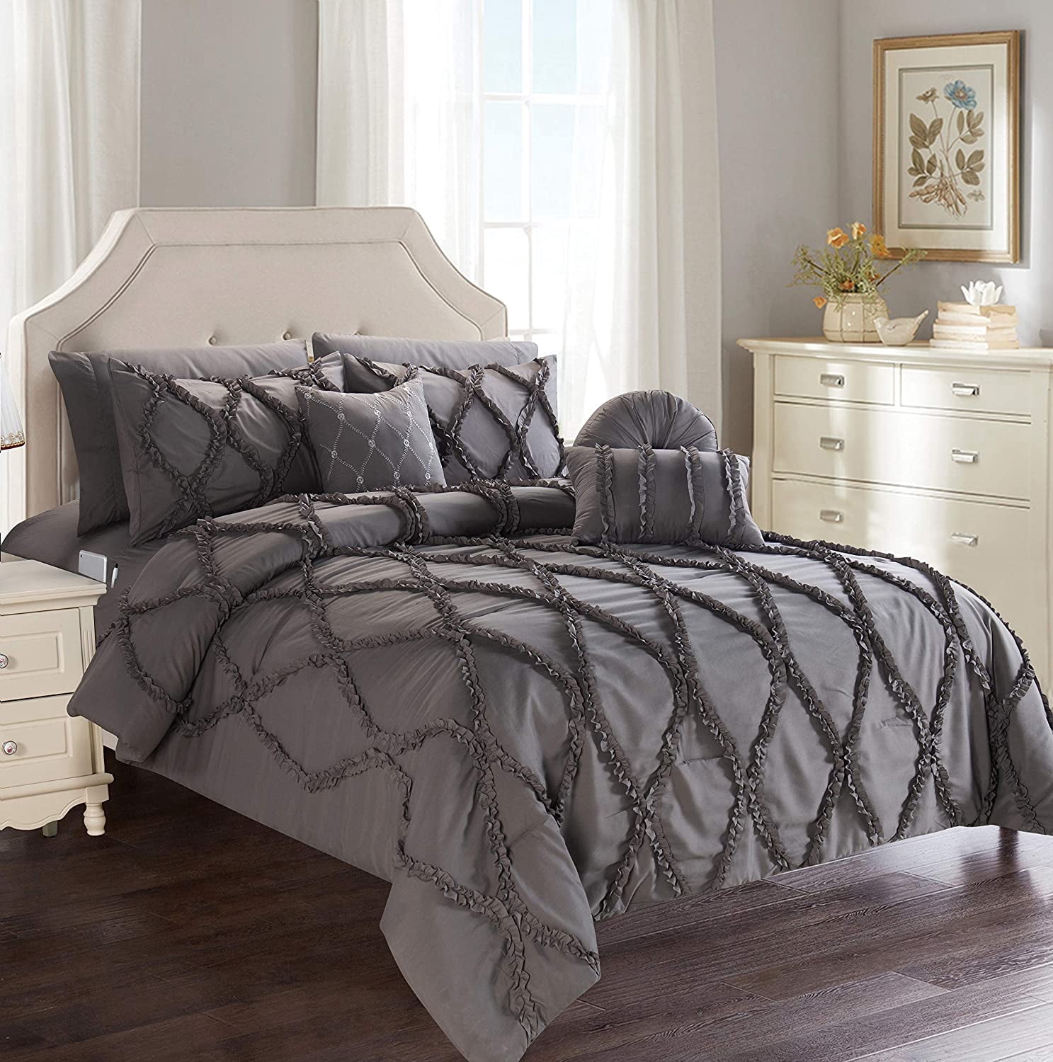 All Season 10-PIECE Bed in a Bag Infinity Collection Comforter Set Wrinkle Resistant Silky-Soft Includes Bed Sheet Set, King/CalKing , Gray