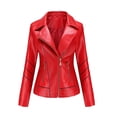 thumbnail image 1 of IROINID Women's Short Faux Leather Jacket Notch Lapel Solid Color Long Sleeve Slim Stand Zip Motorcycle Suit Jacket, Red, 1 of 6