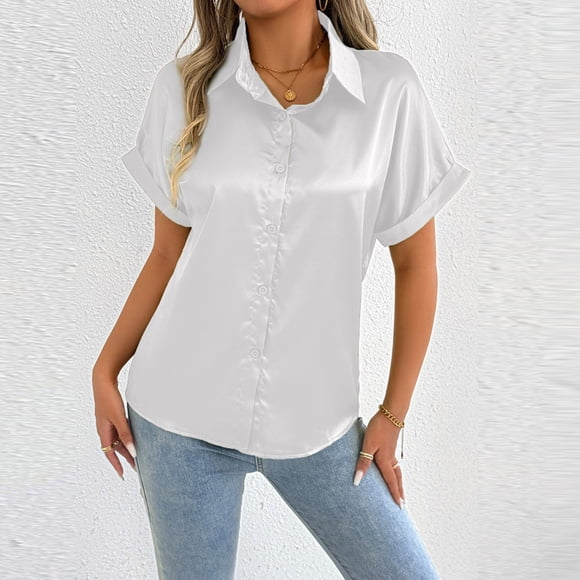 zbxnLI Women's Satin Button down Shirts Casual Short Sleeve Collared Shirt Business Work Blouse Fashion Clothes