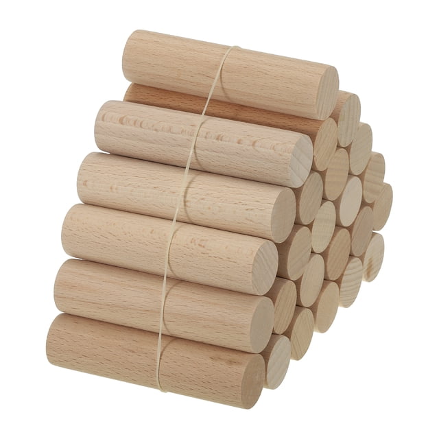 Unique Bargains 1 x 4 Inch Dowel Rods Wood Sticks, a set of 25 unfinished wooden dowel rods with a natural wood finish. Each rod measures 1 inch in diameter and 3.9 inches in length, bundled together with a rubber band. Suitable for wood crafting, DIY projects, teaching projects, dollhouse models, and home decor applications like wardrobe rails or hanging pictures.