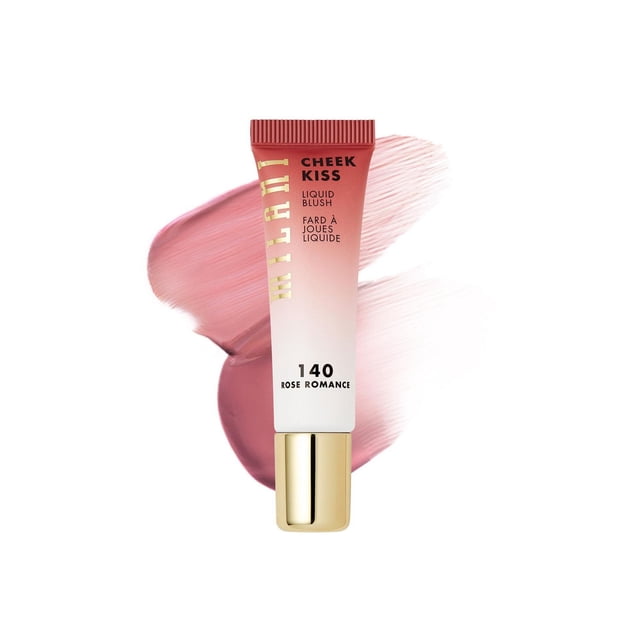 Milani Cheek Kiss Liquid Blush 0.36 oz in 140 Rose Romance, a gradient pink to white tube with gold cap, shown with creamy pink blush swatches behind, offering a lightweight, buildable formula for cheeks and lips with a luminous finish.