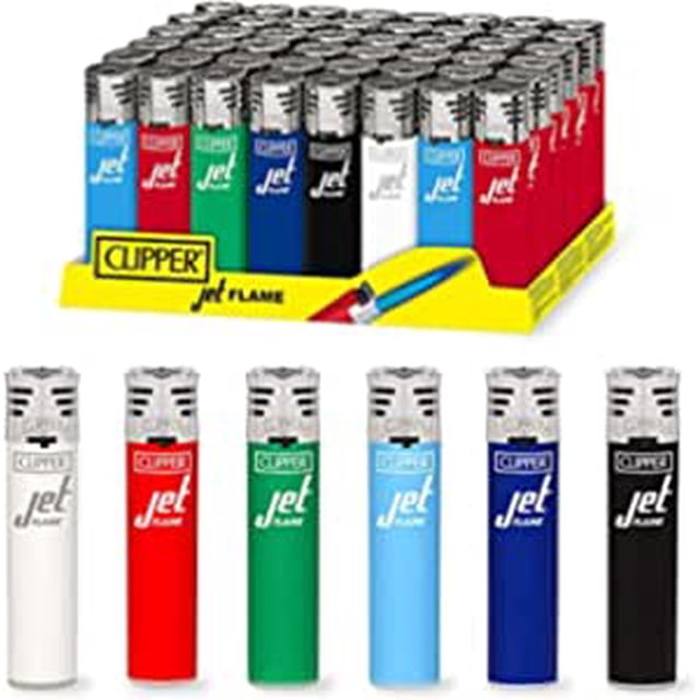 Clipper Briquet Réutilisable, Briquets Rechargeables à Flamme Jet dans un solid colors collection, Présentés en un Ensemble de 48 Unités avec six Couleurs Vibrantes : Rouge, Bleu, Vert, Noir, Blanc et Bleu Pâle. les Briquets Sont Rechargeables et Personnalisables, Idéals pour le camping et les Activités de Plein Air.