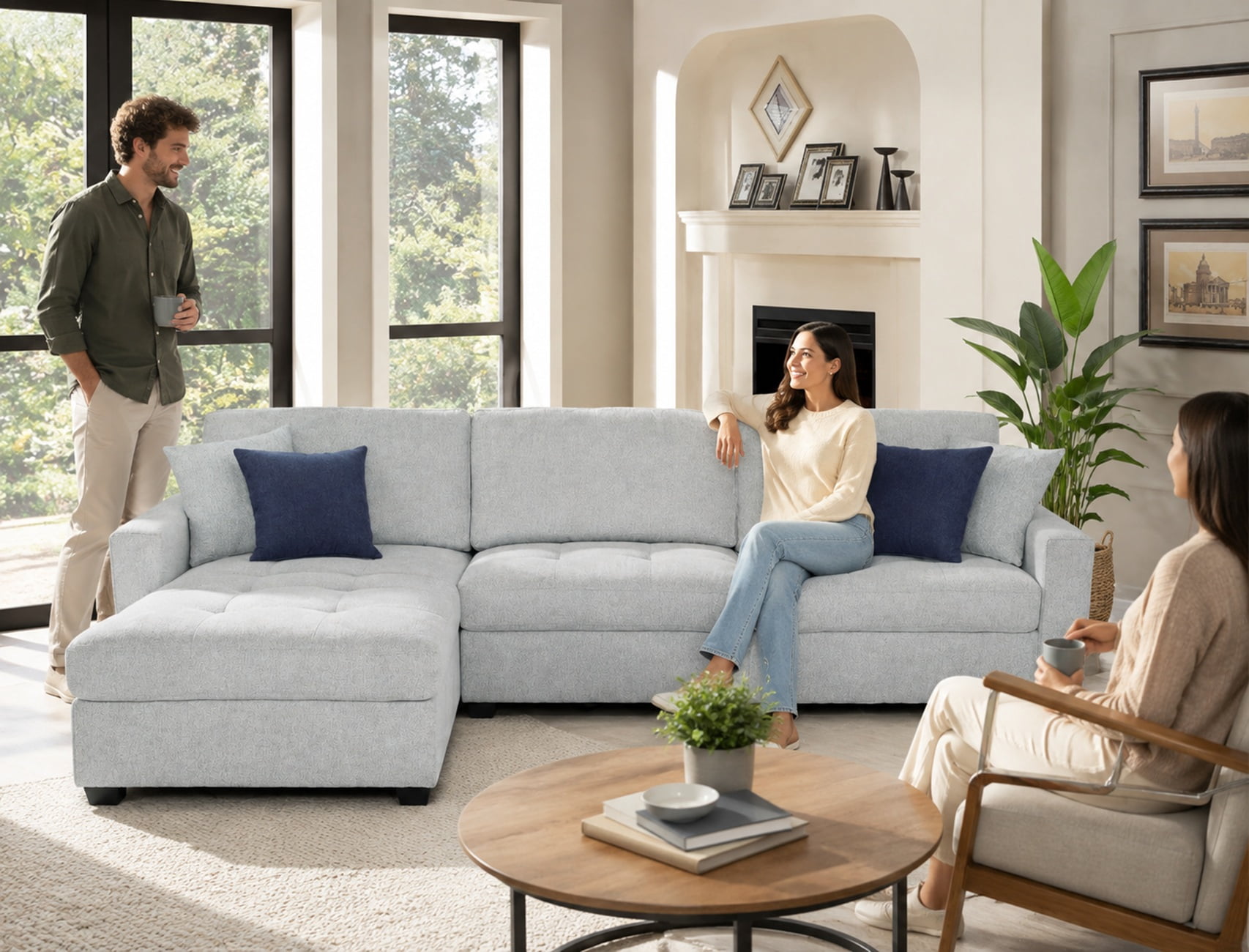 Canapé sectionnel réversible en tissu tissé en lin Amaya de K-Living de couleur sable avec 2 coussins décoratifs