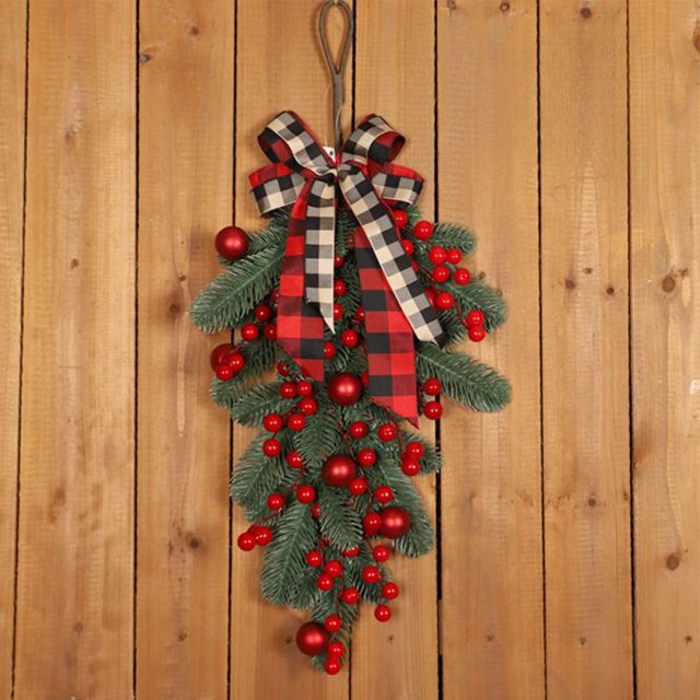 Guirlande de Noël Prééclairée avec Ruban et Nœud, Baies Rouges pour Boîte aux Lettres, Porte d'Entrée, Fenêtre, Décoration d'Escalier Extérieur