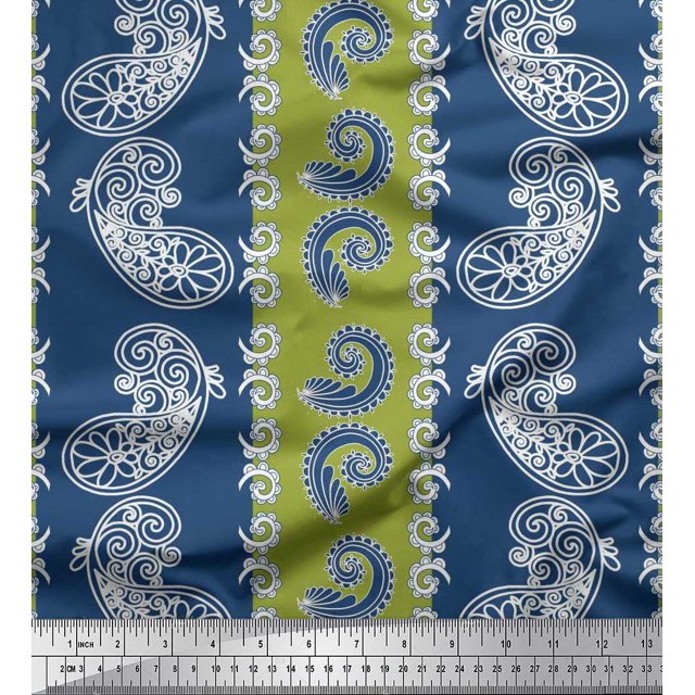 Soimoi Green Poly Georgette Fabric Stripe & Paisley Printed Fabric 1 Yard 42 Inch Wide