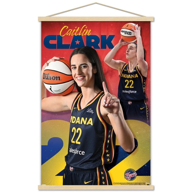 WNBA Indiana Fever - Caitlin Clark 24 Affiche Murale, 14,725 Pouces x 22,375 Pouces Encadrée Montrant Caitlin Clark en Indiana Fever Maillot de basketball Noir Numéro 22 Tenant un Ballon de basketball Wilson sur Son Épaule et Levant Son index, avec une Deuxième image d'Elle Tirant un Ballon de basketball en Arrière-Plan, sur Fond Graphique Rouge et Jaune avec Grand Numéro 24 et logo Indiana Fever, Idéale pour la Décoration Murale de Chambre Ou de Dortoir