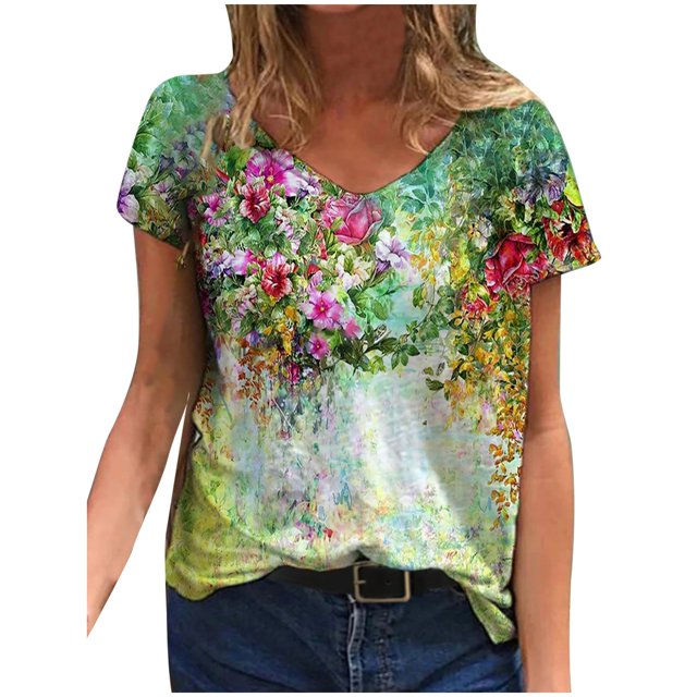 CEHVOM Mode Femme Grande Taille Imprimé Col en V Manches Courtes T-shirt Long Blouse