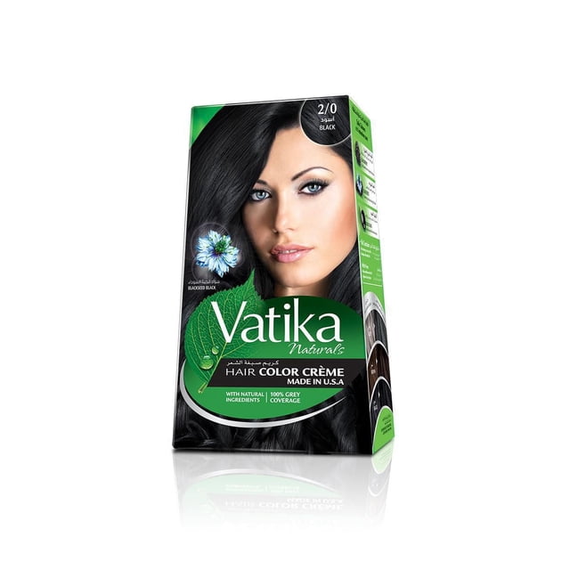 Dabur Vatika Boîte de Coloration Capillaire au Henné Noir Présentant une Riche Coloration des Cheveux Noirs avec des Ingrédients Naturels et une Couverture de 100 % des Cheveux Gris, Mettant en Vedette des Feuilles Vertes et une Fleur Bleue sur l'Emballage, Fabriqué aux É.-U.