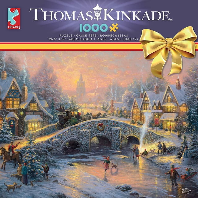 Ceaco Thomas Kinkade Spirit Of Christmas Jigsaw Puzzle 1000 pc featuring a 26.6 by 19 inch winter village scene with a stone arch bridge, horse-drawn carriage, Tudor-style snow-covered houses, and people ice skating and walking dogs on a frozen river at sunset, suitable for family puzzle challenges.