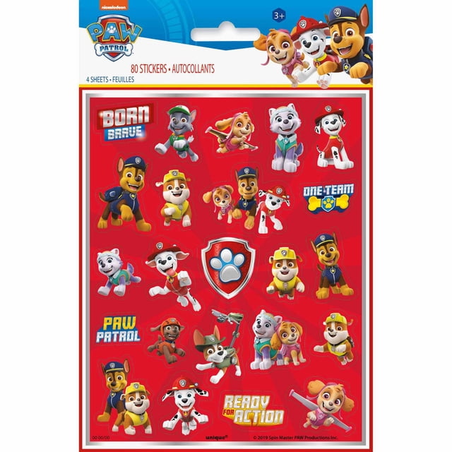 Paw Patrol Sticker Sheets, 4ct containing 80 colorful stickers of characters Chase, Skye, Marshall, Rubble, Rocky, and Zuma on a red background with phrases like 'Born Brave,' 'One Team,' and 'Ready for Action,' suitable for kids' crafts, party prizes, and goodie bags.