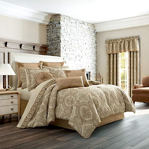 Five Queens Court Savannah Luxury Woven Damask Jacquard 4 Piece Comforter Set, Gold, King 110x96