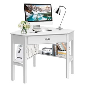Costway Triangle Computer Desk Corner Office Desk Laptop Table w/ Drawer Shelves Rustic
