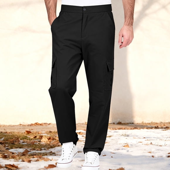 Pisexur Cargo Pants for Men Casual Solid Color Straight Leg Mens Pants Classic Drawstring Elastic Waist Mens Cargo Pants Loose Lightweight Breathable Hiking Pants with Flap Pockets S-3XL Black