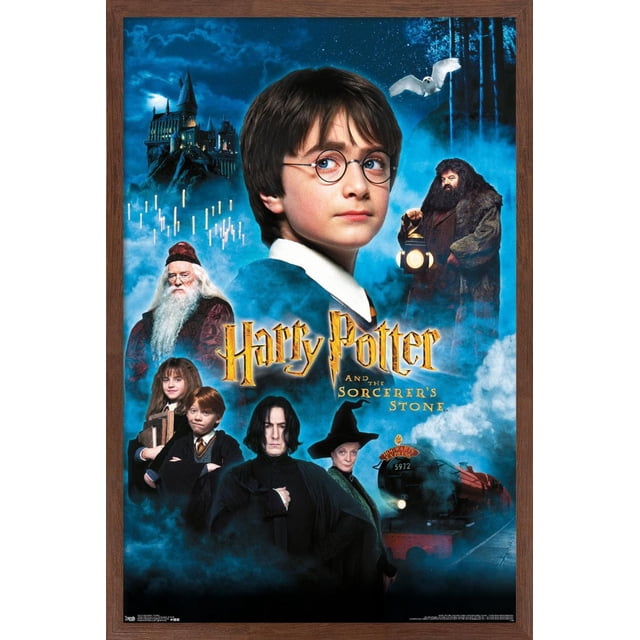 Harry Potter and the Sorcerer's Stone - Candles Affiche Murale d'Une Feuille, 22,375 Po x 34 Po Présentant un collage de Personnages Principaux avec le Château de Poudlard Lumineux en Arrière-Plan, des Bougies Flottantes, un Hibou Blanc en Vol et le train Express de Poudlard à la Vapeur sur la Droite, sur Fond de Ciel Nocturne Bleu Brumeux, Convient à la Décoration Murale de Chambre Ou de Dortoir.
