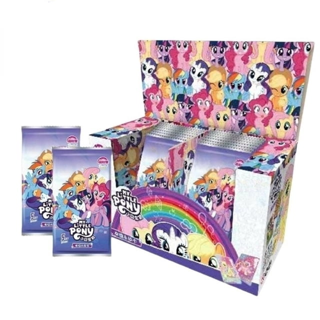 My Little Pony Anime Peripheral Card Rainbow Pack 2nd Bomb SSR Card Tour Genuine Card UR Game Collection Card Children‘s Toys displayed in a colorful box featuring vibrant My Little Pony characters and a rainbow design. Ideal for anime trading card enthusiasts and collectors, with individual card packs shown in front of the box.