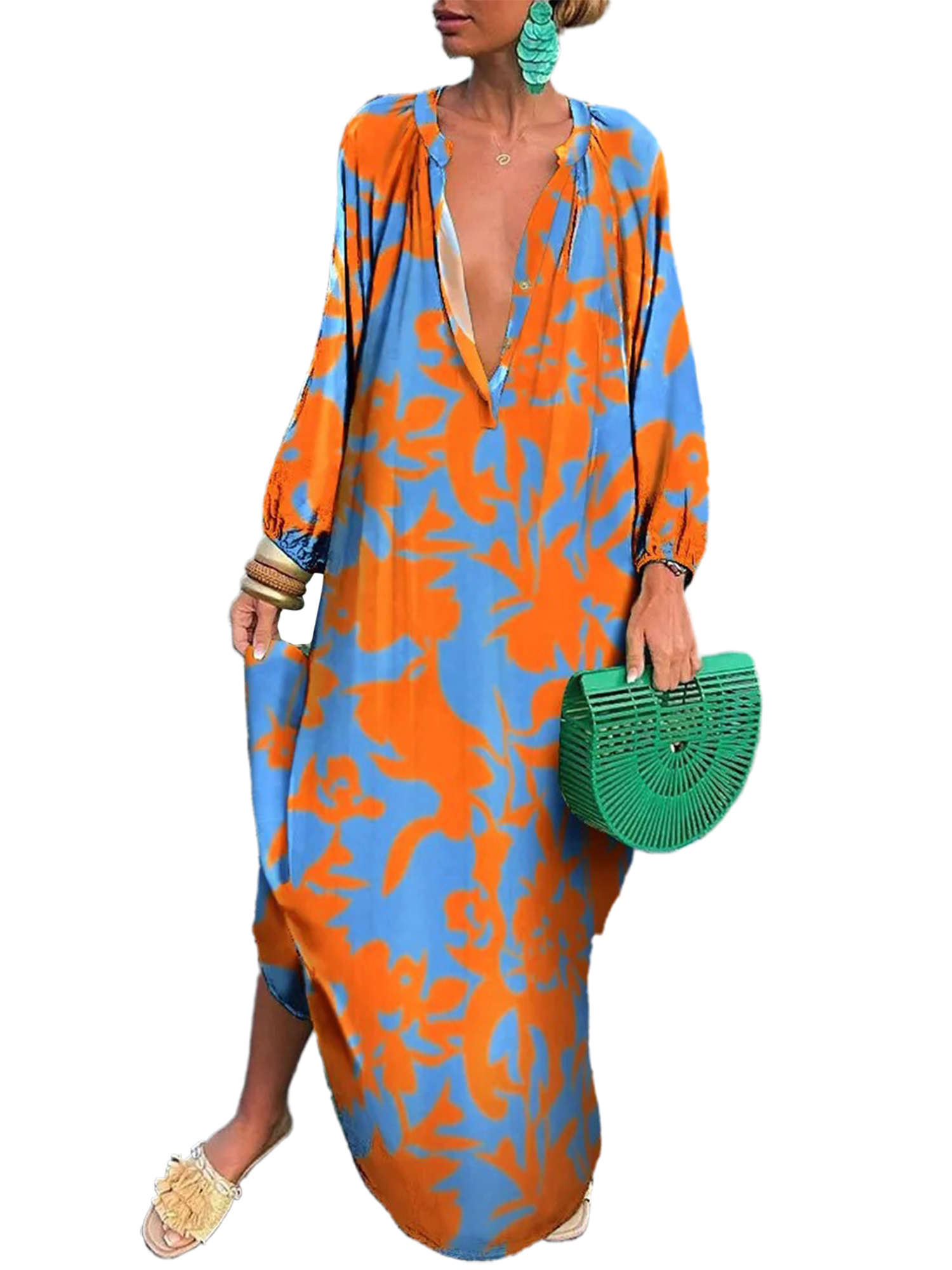 Innerwin Robe Boutonnée Femme Robes Maxi Automne Manches Longues Ample Orange TG