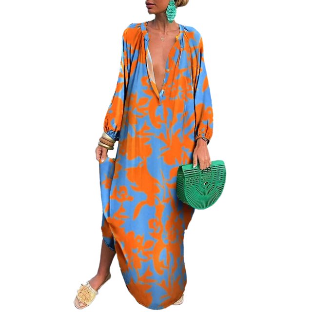UKAP Ladies Maxi Dresses Button Down Dress Long Sleeve Loose Party Orange XL