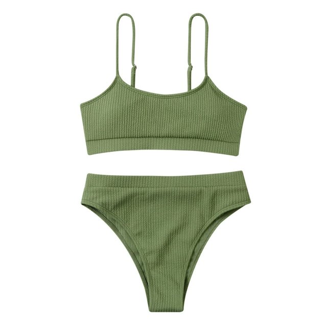 Women Two Piece Bathing Suits Ribbed Sports High Waisted Bikini Set Spaghetti Strap Swimsuit Tummy Control Swimwear