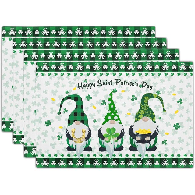 St Patricks Day Placemats Green Gnome Gold Coin Shamrock Placemats Set of 4 Buffalo Plaid Spring Holiday Linen Place Mats for Kitchen Dining Party Table Home Decoration Size 12x18 Inches