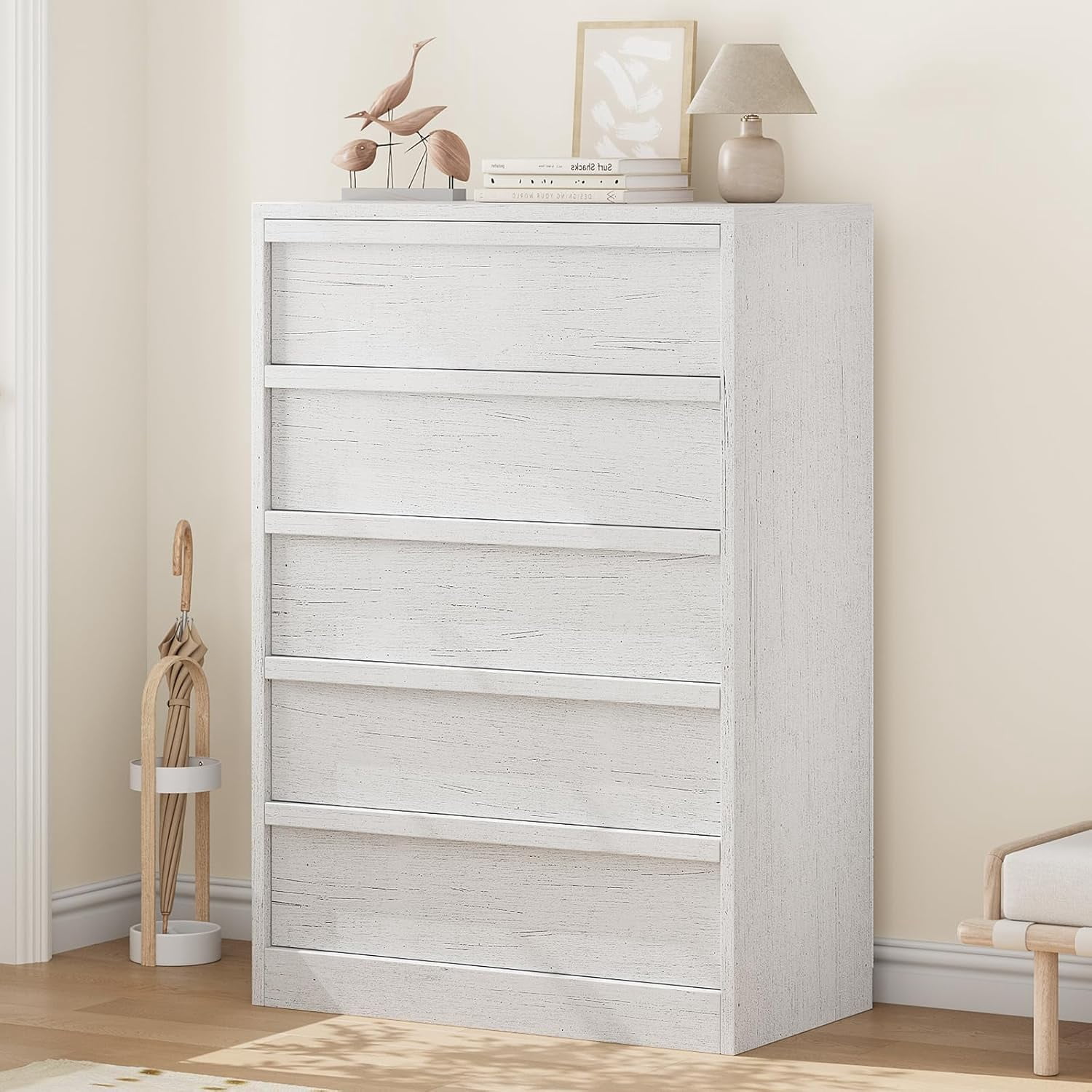 5 Drawer Dresser for Bedroom, Modern 5 Chest of Drawers Tall with Large Drawers Storage, Wooden Dresser Organizer for Living Room, Nursery, Entryway - White