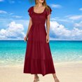 thumbnail image 2 of Penkiiy Robe Maxi d'Été Décontractée pour Femme à Manches Courtes, Col en V, Taille Smockée Élastique, à Volants, Ligne A, avec Poches, P Bordeaux, 2 of 6