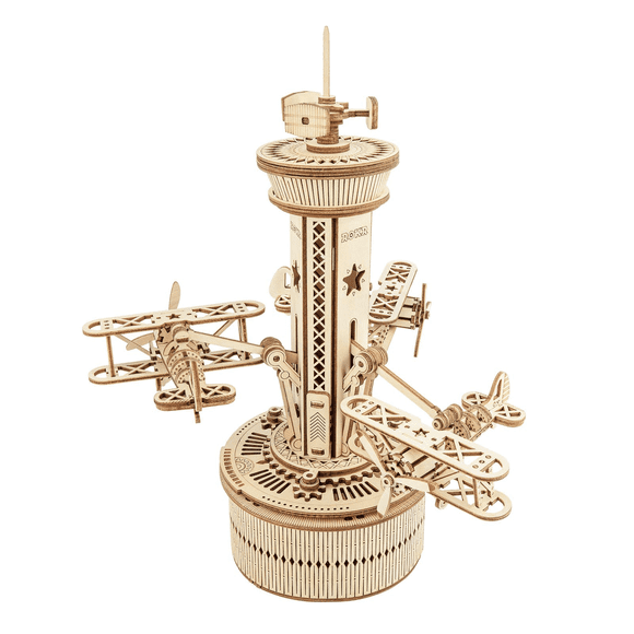 ROKR 3D Wooden Puzzle Mechanical Music Box,DIY Aircraft Model Kits to Build,Best Toy Gift for Kids/Teens/Adults on Birthday,Decoration for Room(AMK41 Airplane Control Tower)