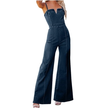 hoksml Women's Denim Jumpsuit Summer Washed Blue Suspender Overalls Tight Slightly Flared High Elastic Pants Rompers 2025 on Clearance