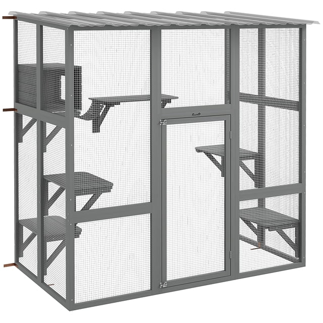 PawHut Catio Maison Extérieure pour Chat Enclos en Bois pour Chat avec Pont, Boîte de Repos