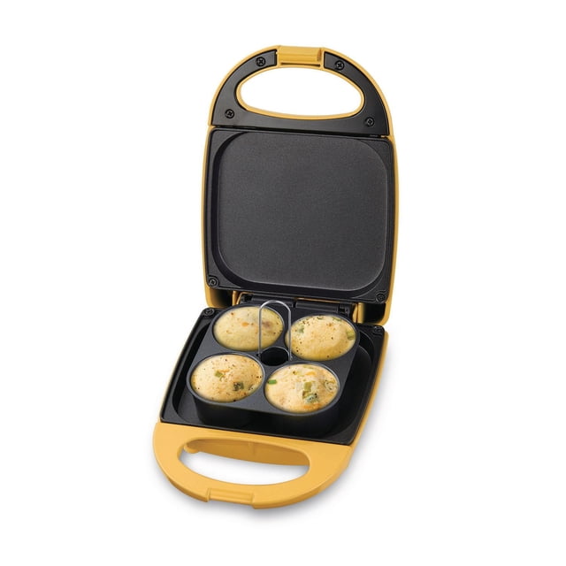 Salton Egg Bite Maker, 4 Egg Bites, SP2042, 520W front-facing compact electric cooker with closed gray lid, black base and removable four-cup non-stick tray visible; countertop background and power cord. Designed for quick meal prep and to-go protein snacks, also suitable for mini frittatas or custard-style cups.