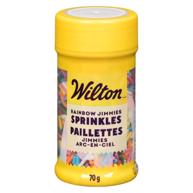 WILTON RAINBOW JIMMIES SHORT BOTTLE 70g short clear bottle of multicolored rainbow jimmies (sugar sprinkles) with red, orange, yellow, green, blue and purple strands for decorating cakes, cupcakes, cookies and donuts; also suitable for topping ice cream or finishing dessert decorations.