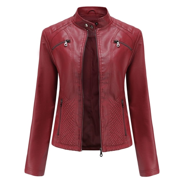 Veste de Moto Ajustée en Cuir pour Femmes avec Col Montant