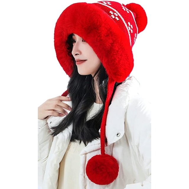 LinYooLi Bonnet Femme Mignon Pompon Tricoté Doublé Fausse Fourrure Chapeau Chaud d'Hiver