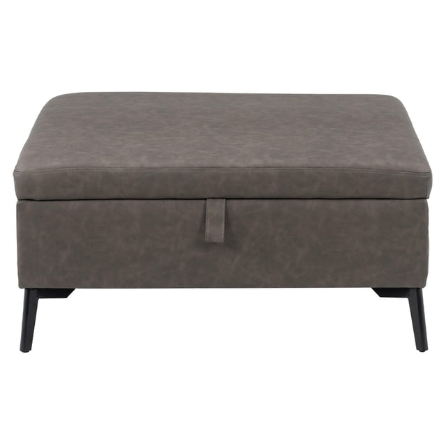 CorLiving Linden Soft Fabric Upholstered Square Storage Ottoman with Metal Legs in grey weathered soft-touch fabric, featuring a padded top, gas lift storage compartment, and black metal legs, front-facing on white background, ideal for extra seating or as a footrest.