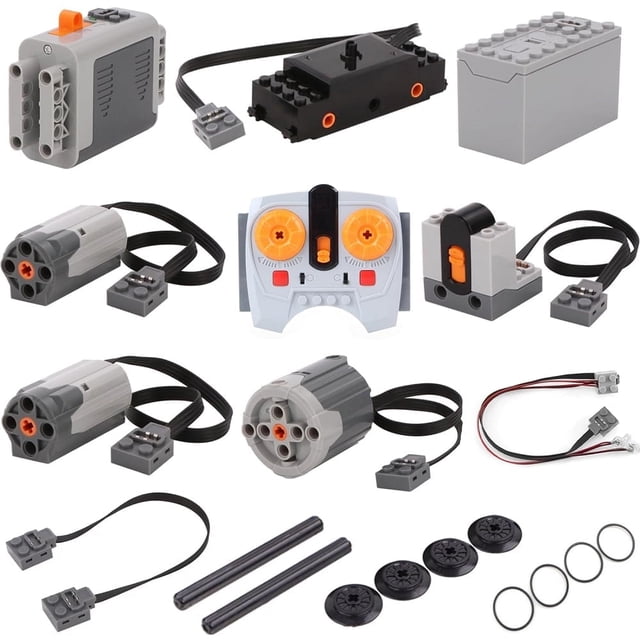 16 PCS Technology Power Function Motor Set compatible with Lego, including M and XL motors, remote control, IR receiver, AA battery box, train motor, extended line, LED cable, wheels, and axles. This multicolour ABS plastic set is perfect for STEM projects, interactive play, and creative building block assemblies, enhancing hands-on skills and creativity.