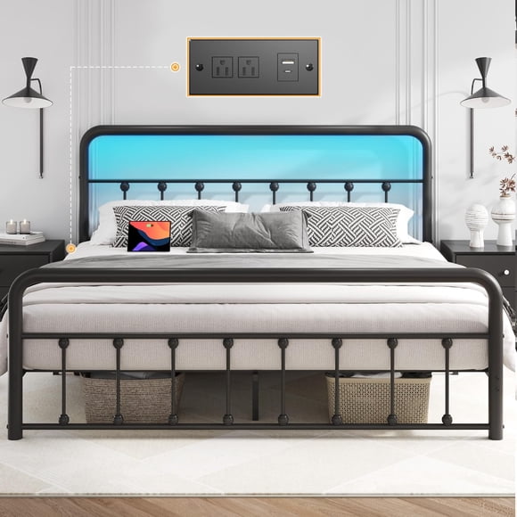 Homall Queen Size Bed Frame Classic Metal Platform Bed Frame with Charging Station & LED, Victorian Style Iron-Art Headboard/Footboard, Under Bed Storage, No Box Spring Needed, Noise Free, Black