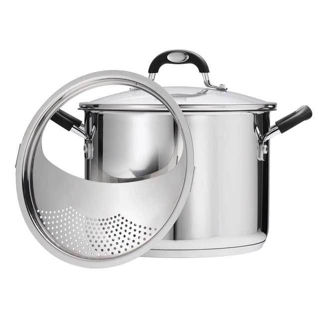 Tramontina Lock & Drain 3 Pc - 8 Qt Stainless Steel Covered Stock Pot with tri-ply base, polished stainless steel pot with black heat-resistant handles, tempered glass lid, and locking strainer for easy draining, ideal for large-batch cooking including pasta and seafood.