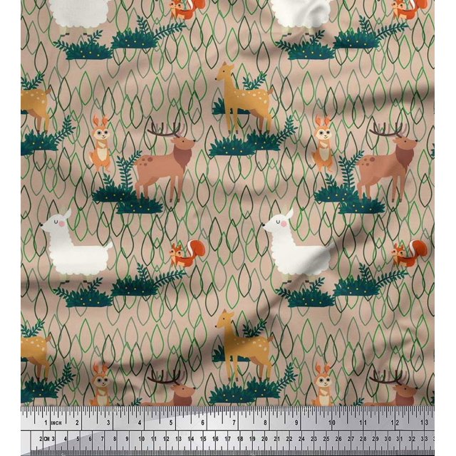 Soimoi Poly Crepe Fabric Rabbit,Sheep & Deer Kids Print Sewing Fabric Yard 52 Inch Wide