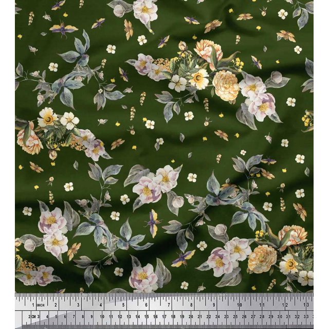 Soimoi polyester Crepe Fabric Leaves,Moth & Magnolia Floral Print Fabric by Yard 42 Inch Wide