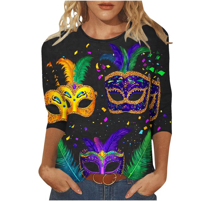 Penkiiy Blouse de Carnaval Manches 3/4 Chemise de Printemps Tee Quotidien Imprimé Masque Blouse Mardi Gras Col Rond 2024 Tee Tunique Habillée 3TG Multicolore