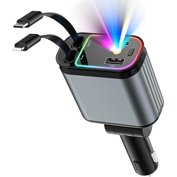YJJSKEJI Car Charger with Starlight, 66W USB C Fast Car Chargers Adapter, 4 in 1 Retractable Car Charger with 2 USB Ports Car Phone Chargers for iPhone 16/15/14/13/12/11 and for Android (Dark Grey)