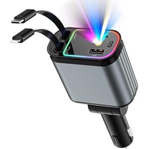 YJJSKEJI Chargeur de voiture Starlight, 66W USB C Adaptateur de chargeurs de voiture rapides, 4 en 1 Chargeur de voiture rétractable avec 2 USB Chargeurs de téléphone de voiture pour les ports iPhone 16/15/14/13/12/11 et pour Android (Dark Grey)