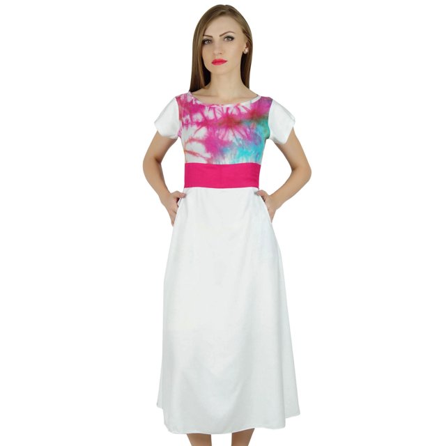 Bimba Robe Droite Blanche en Rayonne pour Femmes avec Poche Longueur Genou Tenue d'Été de Villégiature