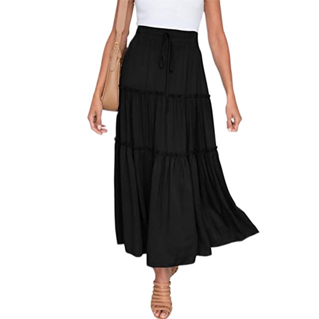 LUXUR Jupe Midi Évasée pour Femmes, à Volants, Fluide, Taille Haute, Noire, TG