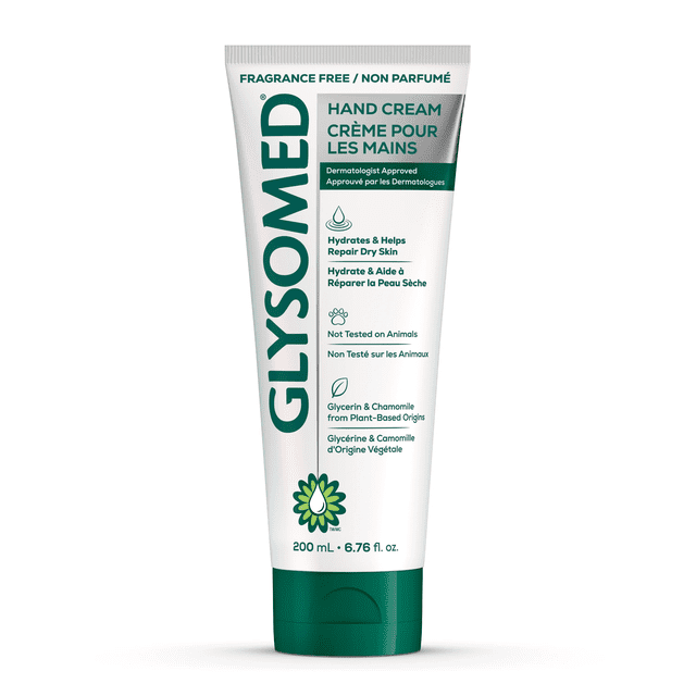 Glysomed® Fragrance Free Hand Cream in a 200 mL (6.76 fl. oz.) white tube with green flip cap, featuring bilingual text highlighting dermatologist approval, hydration and repair for dry skin, cruelty-free testing, and plant-based glycerin and chamomile for moisturizing hands.